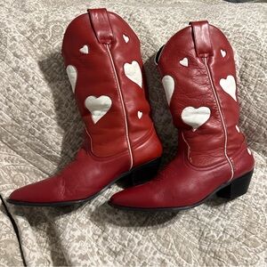Chic Red Heeled Boots with Heart Accents